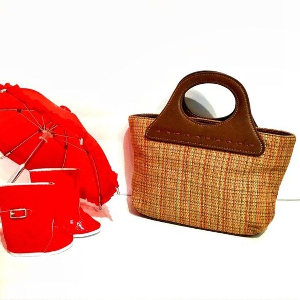 Fossil Mini Bag Tweed Orange Yellow Green Red Leather Plaid Magnetic Snap